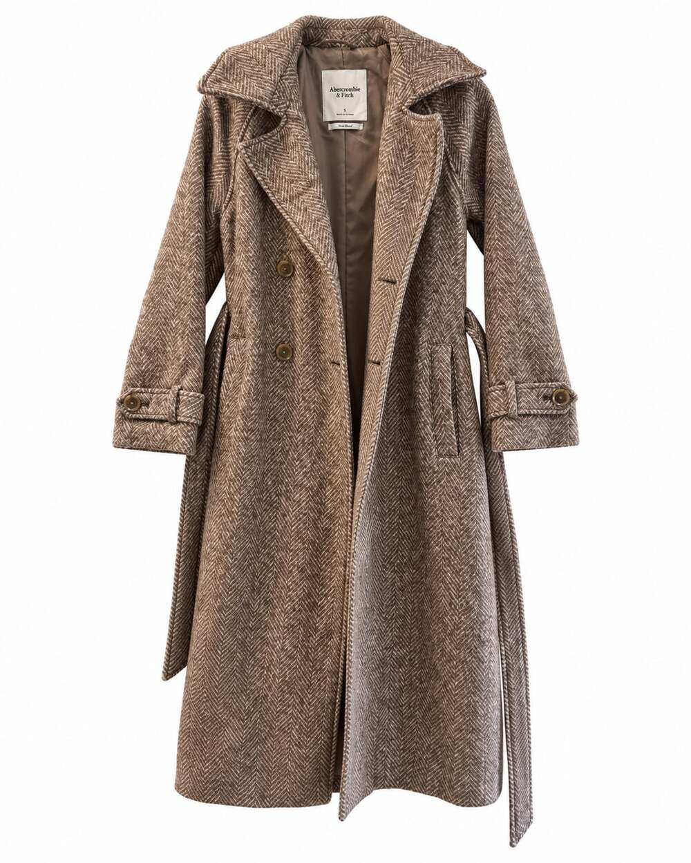 Abercrombie & Fitch Carrie Wool Blend Trench Coat Brown Herringbone Winter Coat - Picture 4 of 10